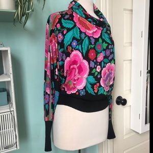 1970s 80S Vintage LEONARD Silk Jersey Floral Top Black Neon Dolman Designer